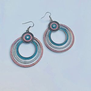 Big Dangle Hoop Vintage Y2K Pink, White, Blue Silver Plated Earrings Rhinestone